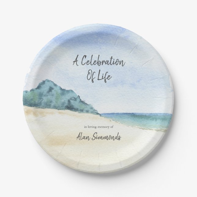 Watercolor Seashore Celebration Of Life Paper Plate (Front)
