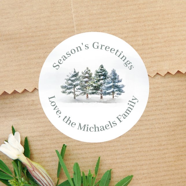 Watercolor Season's Greetings Custom Pine Trees Classic Round Sticker (Winter woodland pine tree custom gift sticker. )