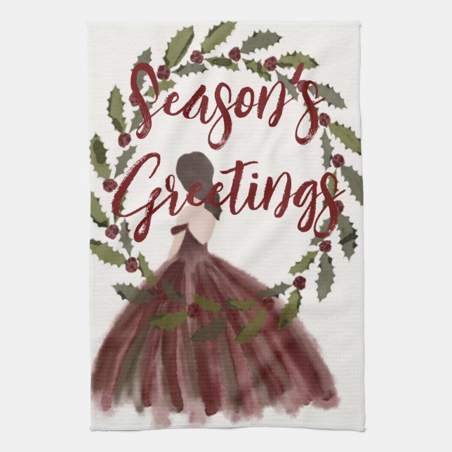 Watercolor Season's Greetings  Kitchen Towel (Vertical)