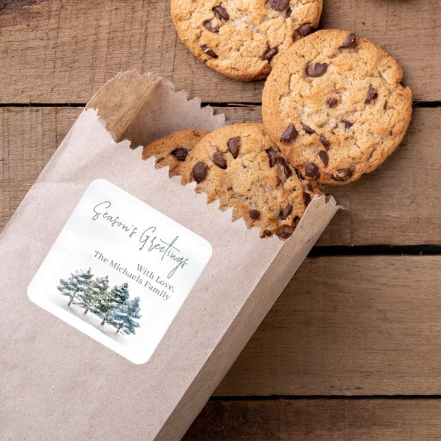 Watercolor Season's Greetings Pine Trees Custom Square Sticker (Custom sticker with winter woodland pine trees. )
