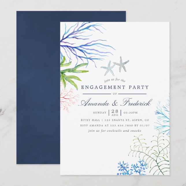 Watercolor Seaweed Beach Themed Engagement Party Invitation (Front/Back)