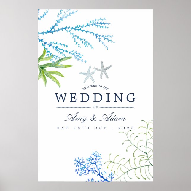 Watercolor Seaweed Beach Themed Wedding Welcome Poster (Front)