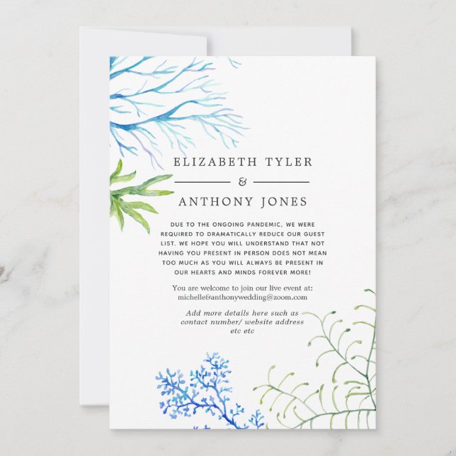 Watercolor Seaweed Wedding Reduced Guest List Announcement (Front)