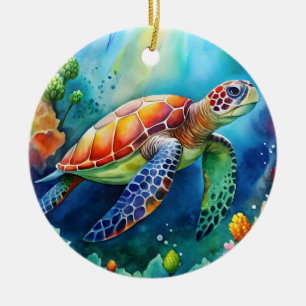 Watercolor see turtle ceramic ornament