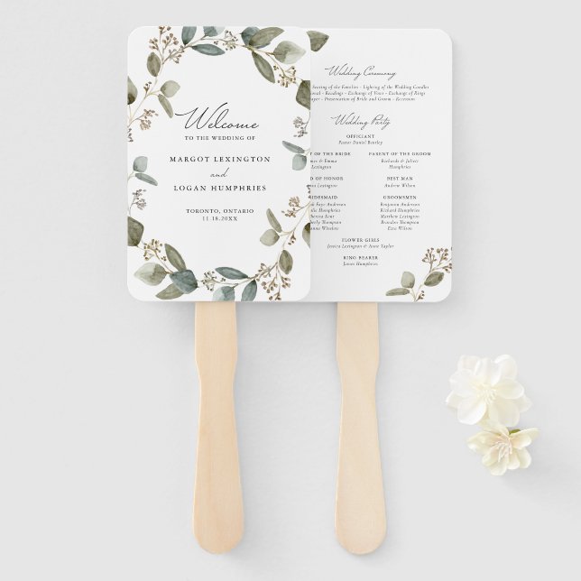 Watercolor Seeded Eucalyptus Wedding Program Hand Fan (Front and Back)