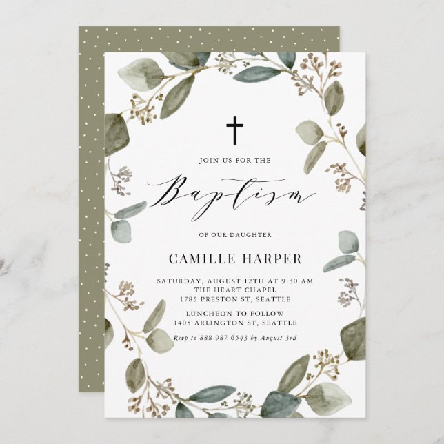 Watercolor Seeded Eucalyptus Wreath Baptism Invitation (Front/Back)