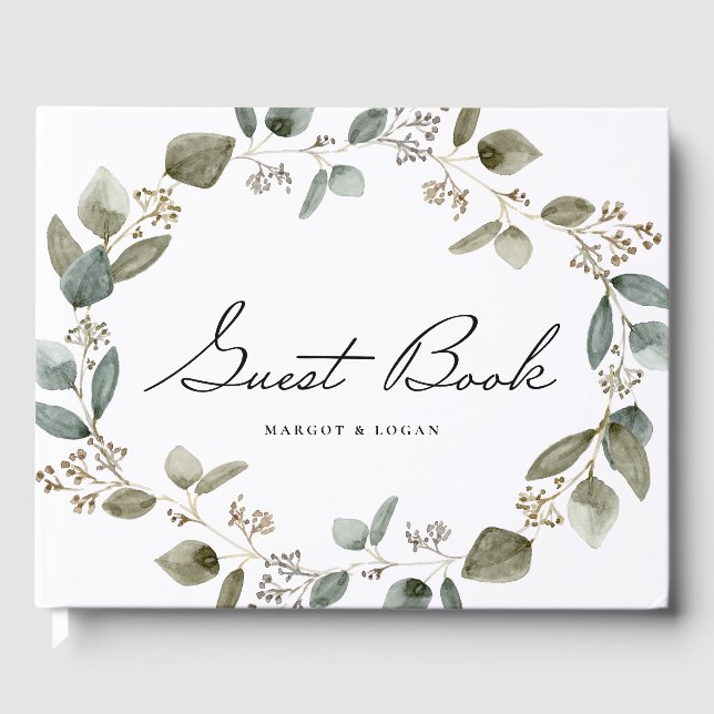 Watercolor Seeded Eucalyptus Wreath Wedding Photo Guest Book (Front)