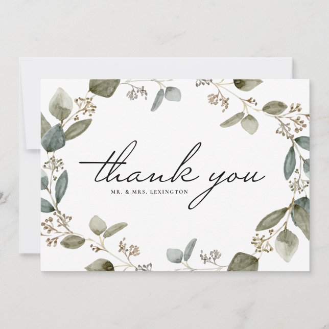 Watercolor Seeded Eucalyptus Wreath Wedding Thank You Card (Front)
