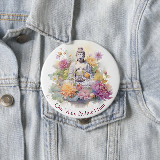 Watercolor Serene Buddha Pink Yellow Flowers Art 4 Inch Round Button