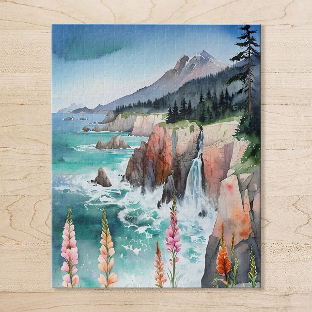 Watercolor Serene Coastal Landscape Wildflower Jigsaw Puzzle (Creator Uploaded)
