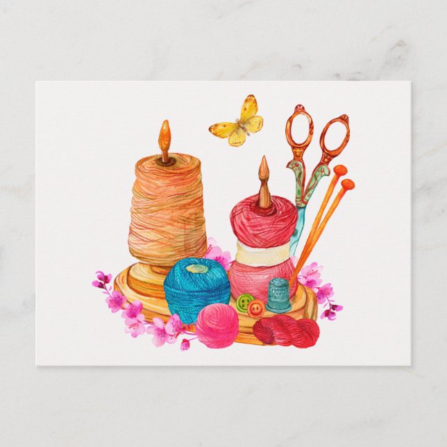 Watercolor Sewing and Knitting Accessories Postcard (Front)