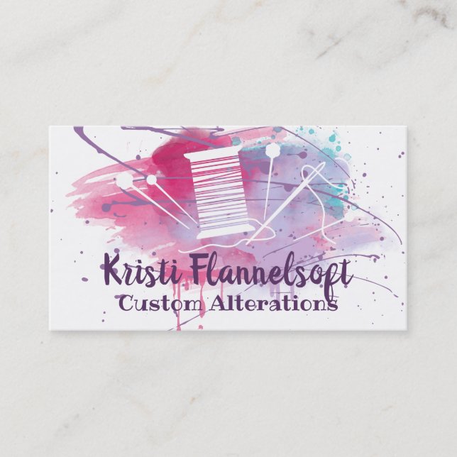 Watercolor sewing notions seamstress business card (Front)