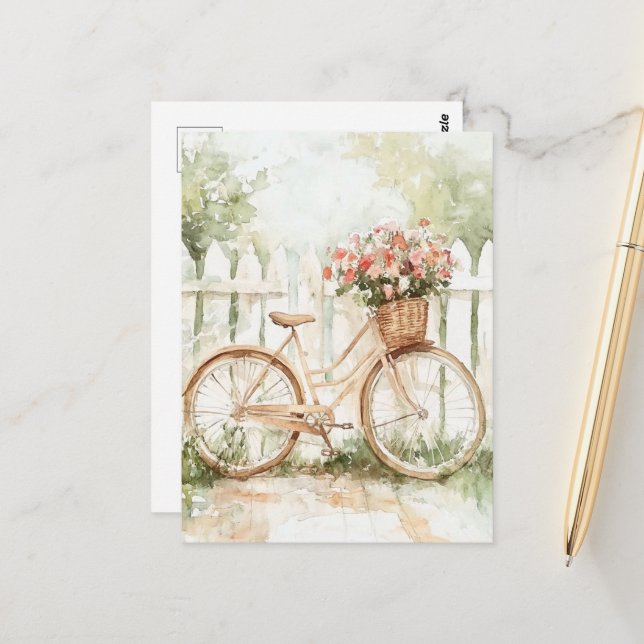 Watercolor Shabby Chic Bike Postcard (Front/Back In Situ)