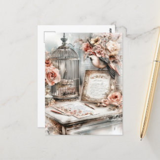 Watercolor Shabby Chic Bird Cage Bird & Roses Postcard