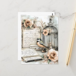Watercolor Shabby Chic Bird & Cage Postcard