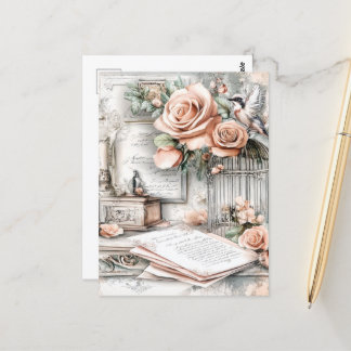 Watercolor Shabby Chic Bird Cage & Roses Postcard