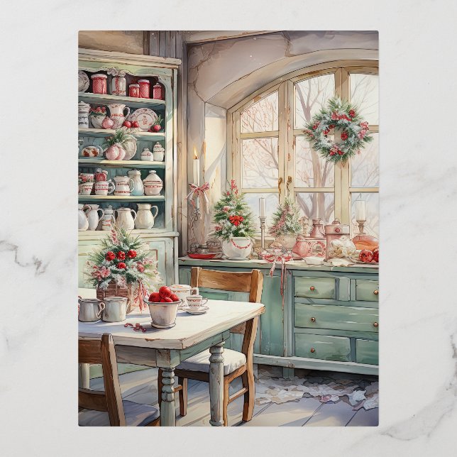 Watercolor Shabby Chic Christmas Kitchen Foil Holiday Postcard (Front)