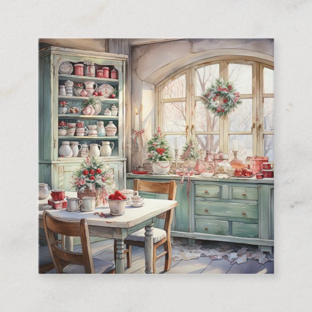 Watercolor Shabby Chic Christmas Kitchen Square Business Card (Front)