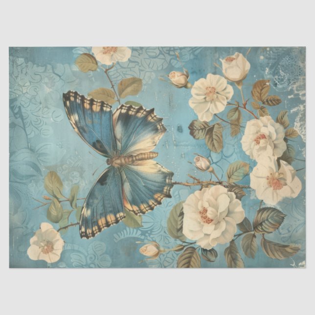 Watercolor Shabby chic navy butterfly & roses  Tissue Paper (Front)