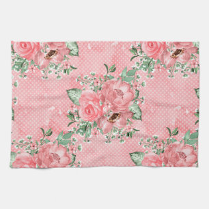 Watercolor Shabby Chic Pink Roses and Polka Dots Kitchen Towel