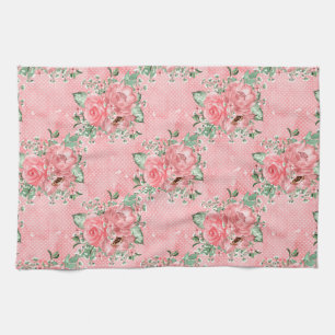 Watercolor Shabby Chic Pink Roses and Polka Dots Kitchen Towel