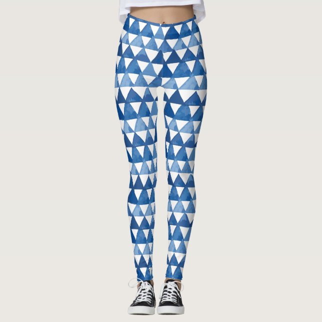 Watercolor shades of blue triangles pattern leggings (Front)