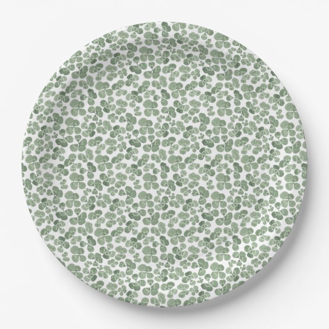Watercolor Shamrock Clover Patterned Paper Plate (Front)