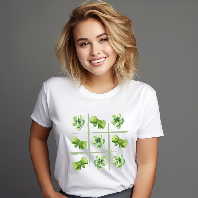 Watercolor Shamrock Coquette Bows St Patricks Day T-Shirt (Retro Checkered Shamrock and vintage coquette bow St Patricks Day t-shirt)