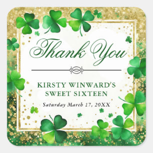 Watercolor Shamrock & Gold Glitter Sweet Sixteen Square Sticker