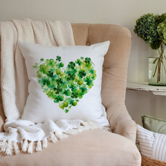 Watercolor Shamrock Heart Clover Flowers  Throw Pillow