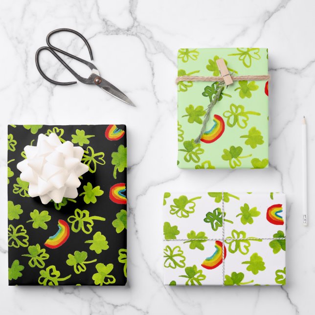Watercolor Shamrocks & Rainbows Irish St Patty's Wrapping Paper Sheet (Front)