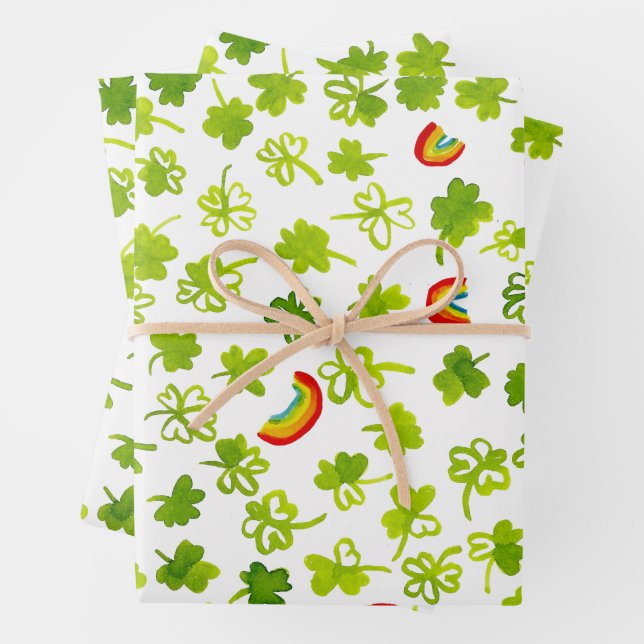 Watercolor Shamrocks & Rainbows St Patricks Day  Wrapping Paper Sheet (In situ)
