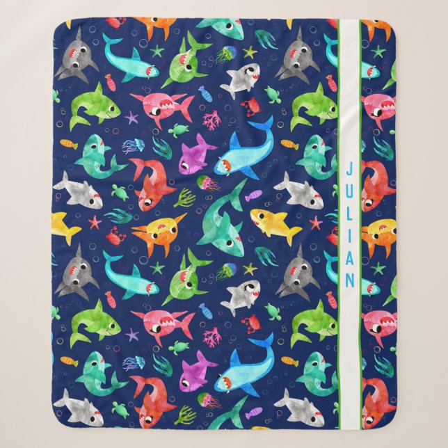 Watercolor Shark Family Adorable Personalized Sherpa Blanket (Front)