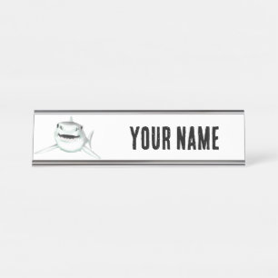 watercolor shark smiling gray green ocean animal  desk name plate