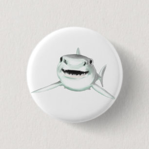 watercolor shark smiling grey green ocean animal  1 inch round button