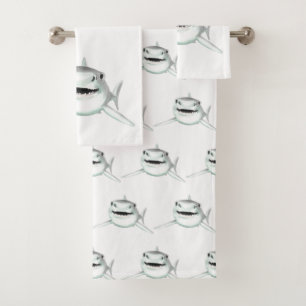 watercolor shark smiling grey green ocean animal bath towel set