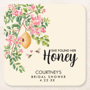 Watercolor She Found Her Honey Bridal Shower  Square Paper Coaster