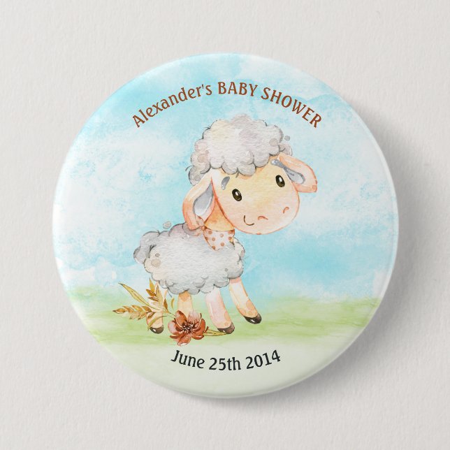 Watercolor Sheep Baby Shower Farm 3 Inch Round Button (Front)
