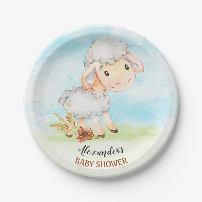 Watercolor Sheep Baby Shower Farm Paper Plate (Front)
