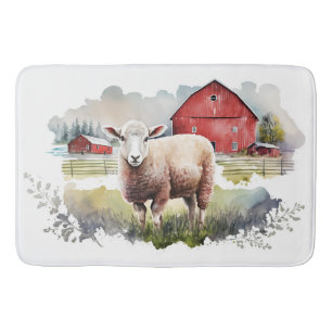 Watercolor Sheep With Red Barn Bath Mat