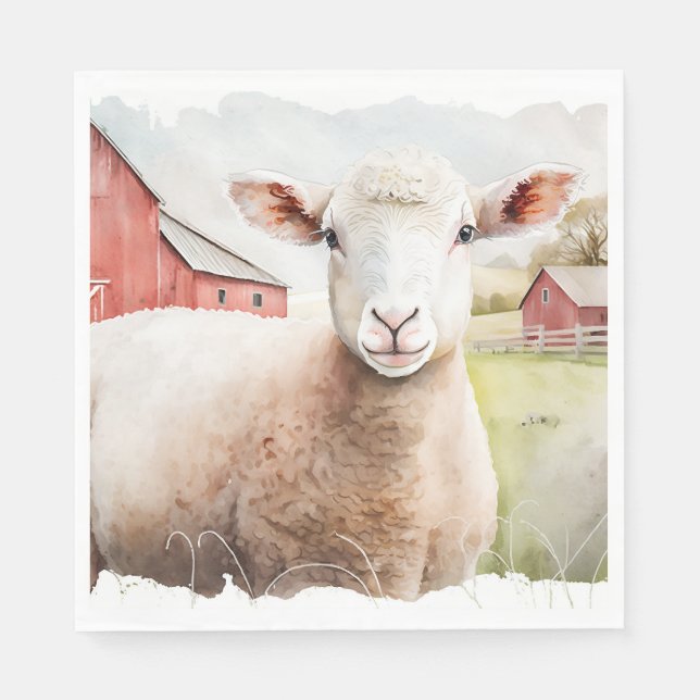 Watercolor Sheep With Red Barn Napkin (Front)