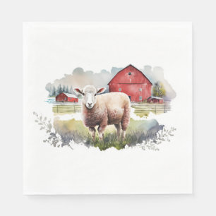 Watercolor Sheep With Red Barn Napkin