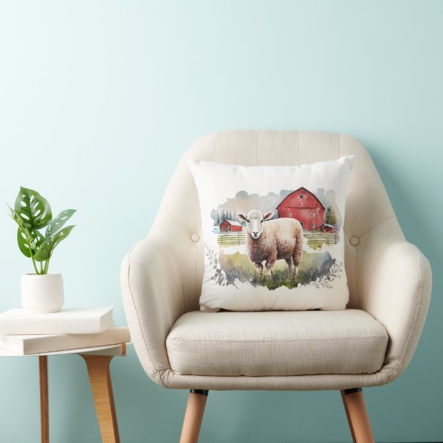 Watercolor Sheep With Red Barn Throw Pillow (Chair)