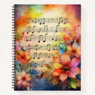 WATERCOLOR SHEET MUSIC WITH COLORFUL FLOWERS NOTEBOOK