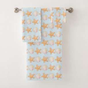 Watercolor shells and starfish bath towel set