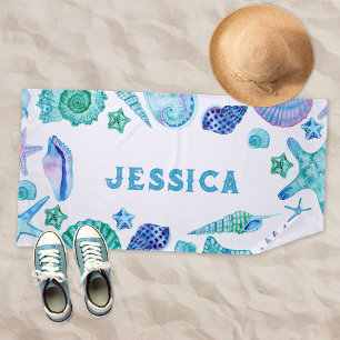 Watercolor Shells and Starfish Name Summer Beach Towel
