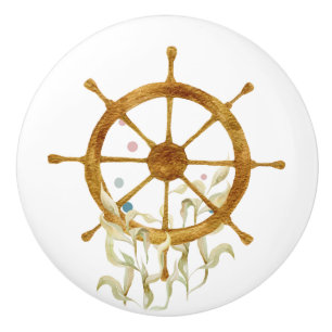 WATERCOLOR SHIPS WHEEL ART NAUTICAL VACATION HOUSE CERAMIC KNOB