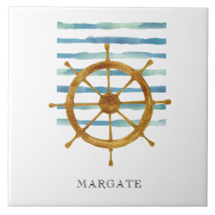 Watercolor SHIPS WHEEL Coastal Beach MARGATE Tile