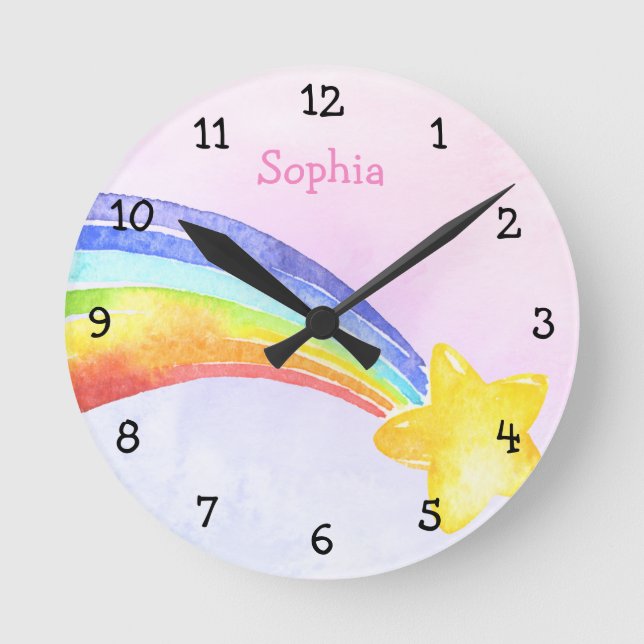 Watercolor Shooting Star Rainbow Girl Nursery Round Clock (Front)
