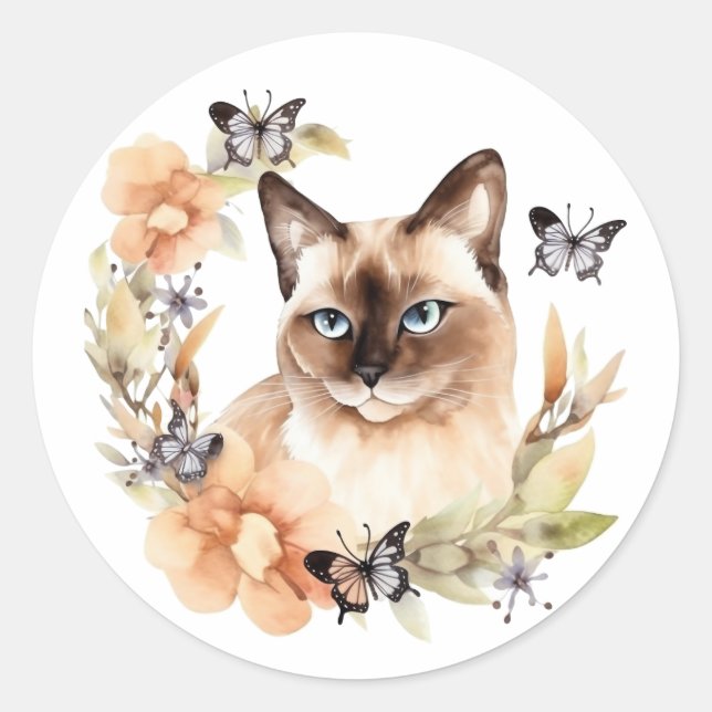 Watercolor Siamese Cat  Classic Round Sticker (Front)